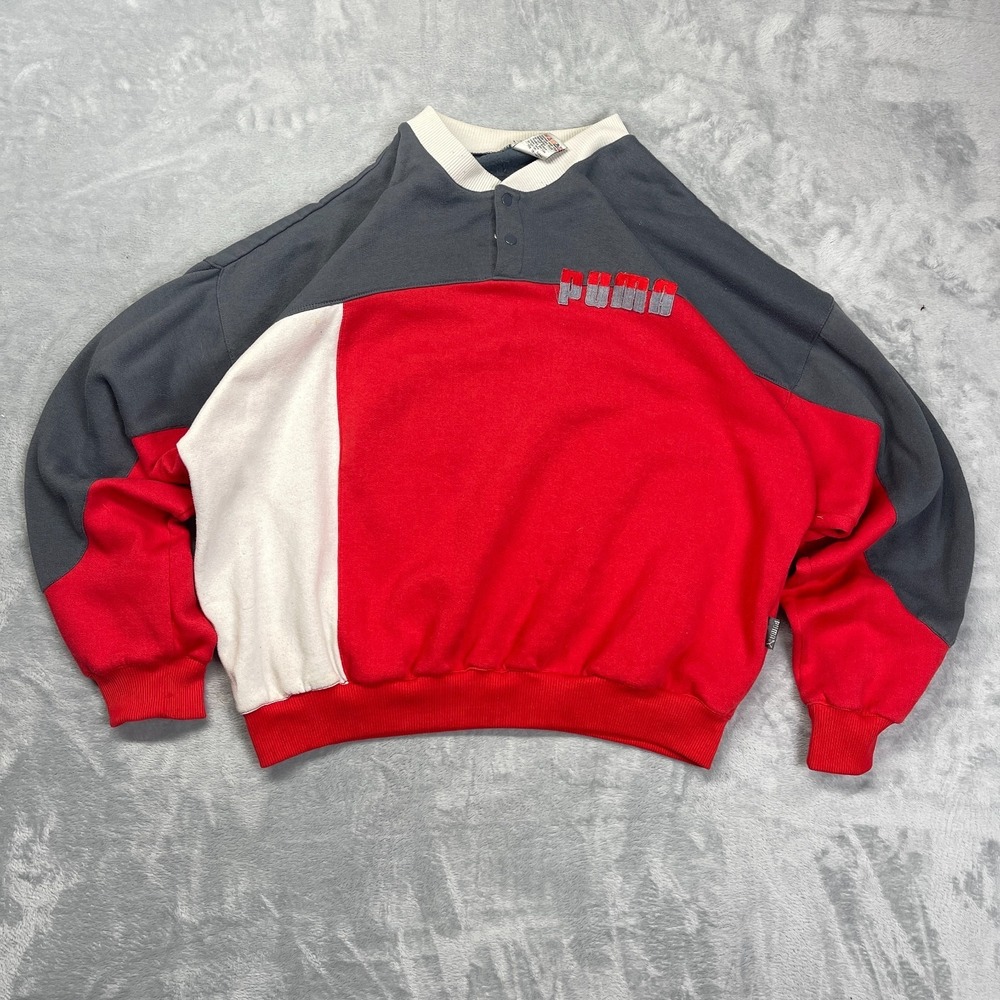 Puma Henley Sweatshirt Mens XL Red Gray‎ Spell Out Logo Relaxed Fit Long Sleeve